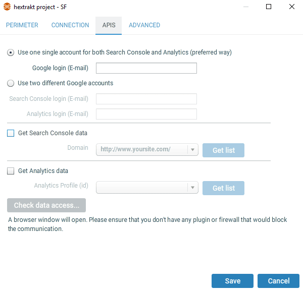 API connection configuration